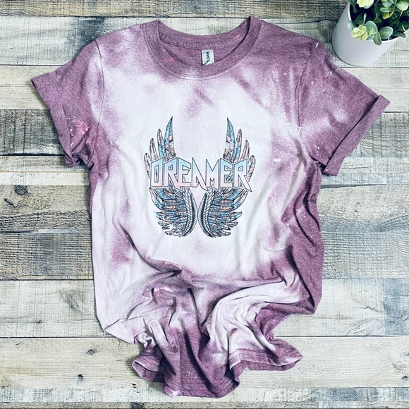 Gildan Tops - Dreamer Rock Wings Bleach Dyed Purple Tee Small